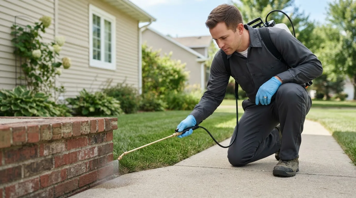 Pest control technician treating a home near Toledo, OR